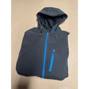 Double Diamond Men Black Hooded Softshell Jacket Full Zip Blue Accents Size L